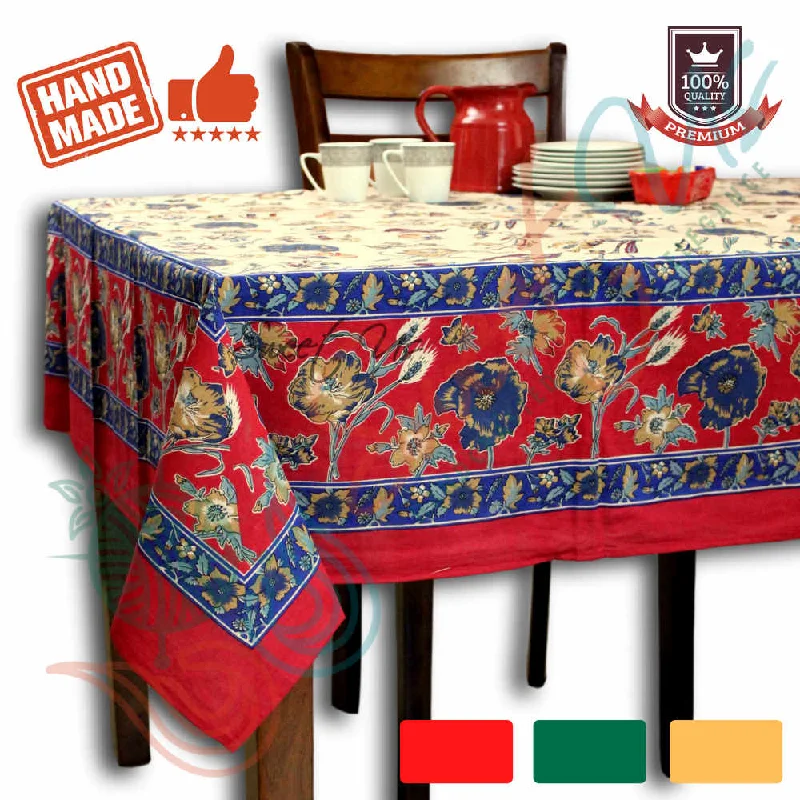 Cotton Floral Tablecloth Rectangle 70x104 Red Gold Blue Kitchen Dining Linen