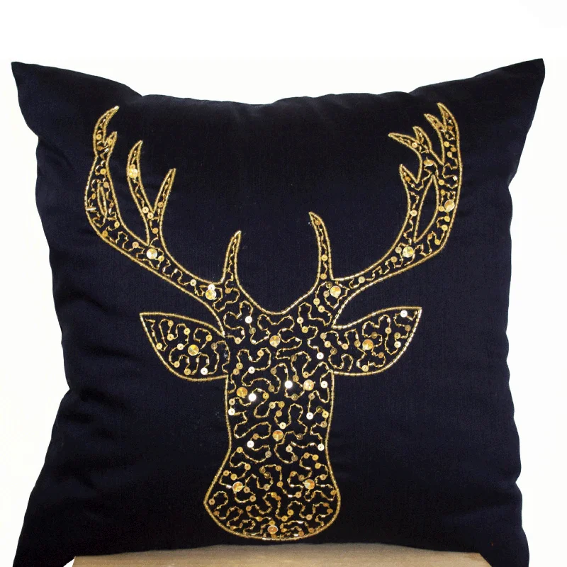 Navy Faux Silk Gold Antler Pillow Cover