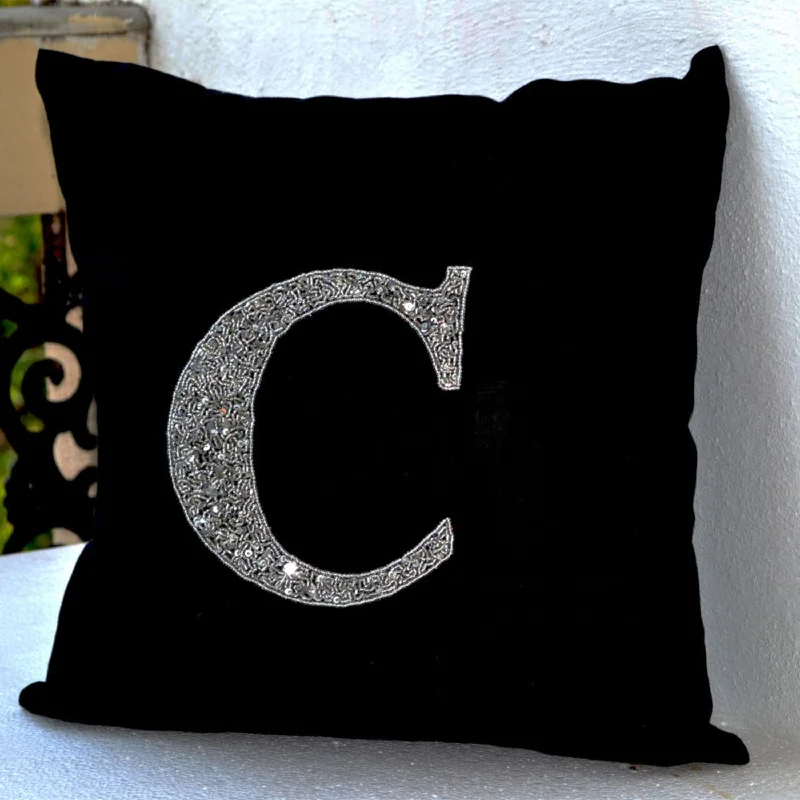 Personalized Monogram Linen Throw Pillow In Metallic Silver Sequin