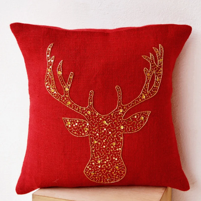 Deer Pillow covers -Animal pillow stag embroidered in gold sequin