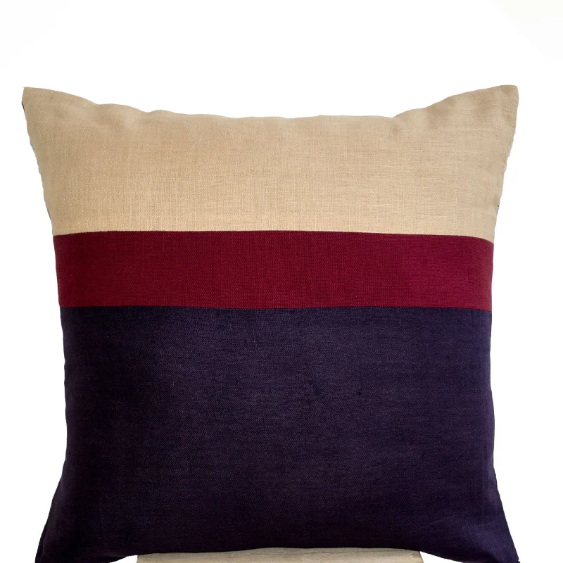 Linen Pillow in purple, red and beige color block -Linen Throw Pillows -Couch Pillows - Decorative pillow- Linen Purple pillow - gift- 16X16