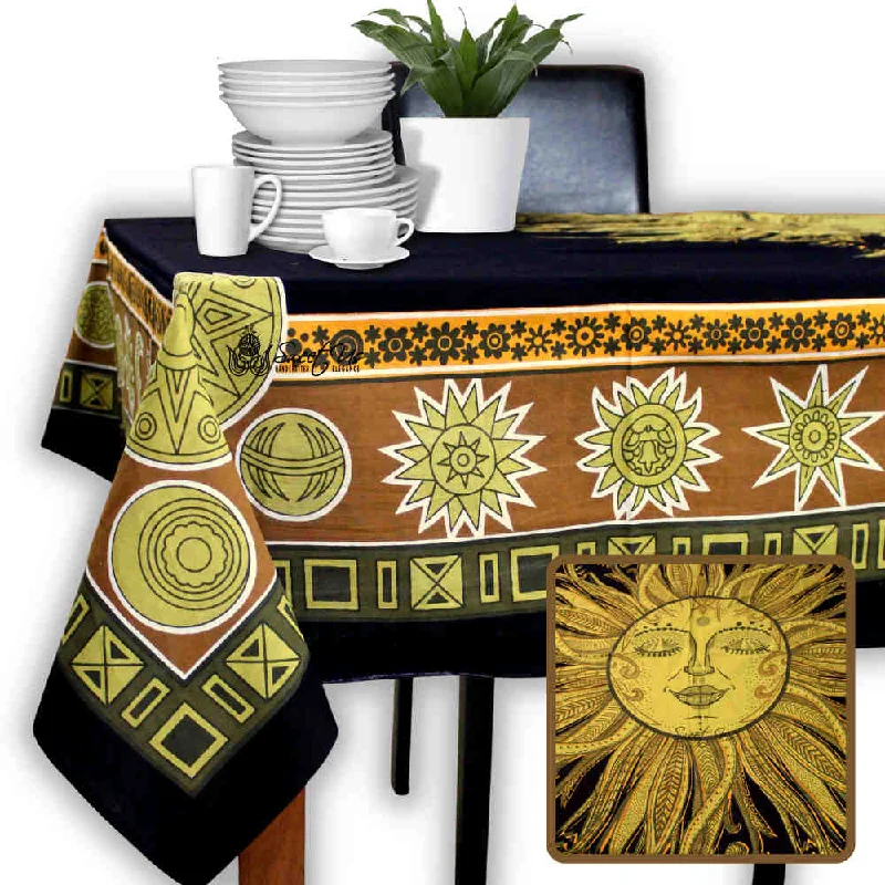 Sun Goddess Cotton Tablecloth Rectangle Midnight Gold Dining Linen