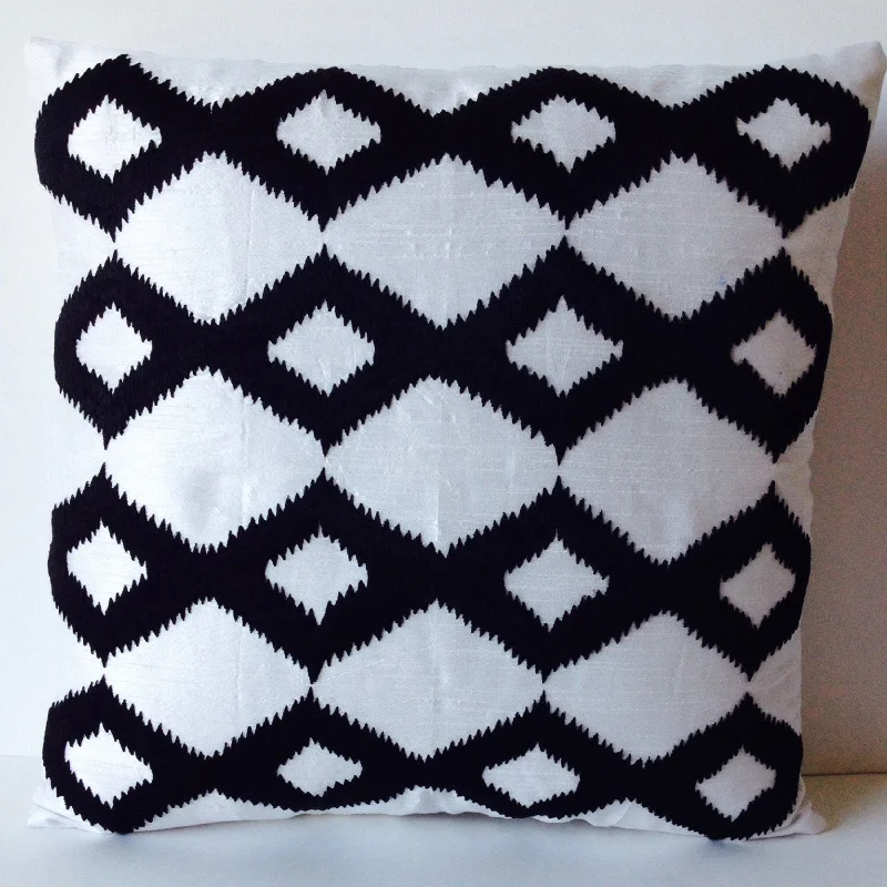 Black Ikat on White Silk Pillow Cover