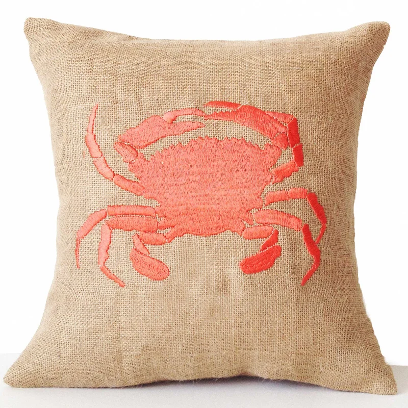 Sea pillow- Embroidered crab pillow cover -Burlap pillow -Coral throw pillow cushion -16x16 -Gift -Bedding -Coral cushion -Beach House Decor