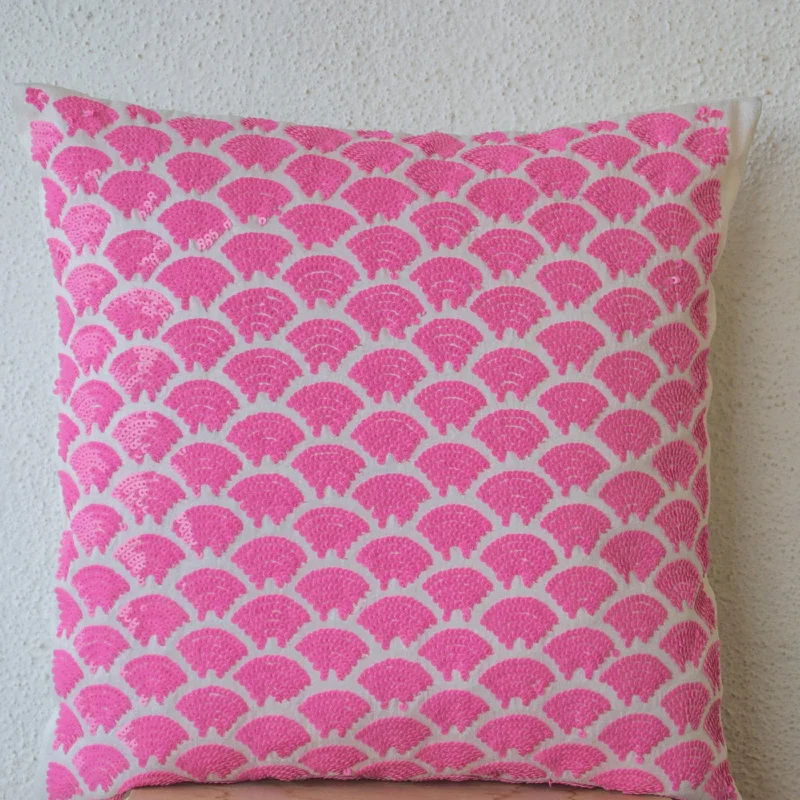 Pink sequin pillows with embroidered waves - Sashiko pillow covers - Pink Cushion cover zipper - Throw pillow - gift - 18x18 - Pink pillows