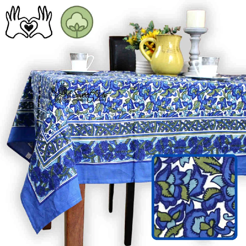 Bianca Floral Cotton Tablecloth Rectangle, Deep Blue, Olive Green