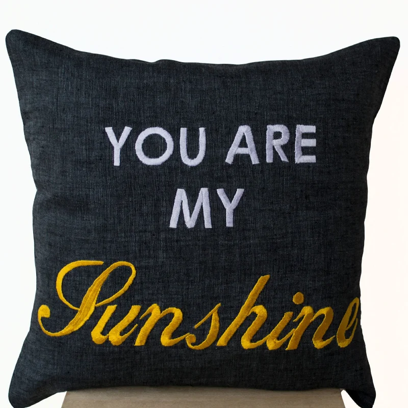 Grey Linen Pillow covers - Word Pillow - Embroidered pillow - You Are My Sunshine Pillow- Gift- 16x16- Linen Word Cushions - Message Pillow