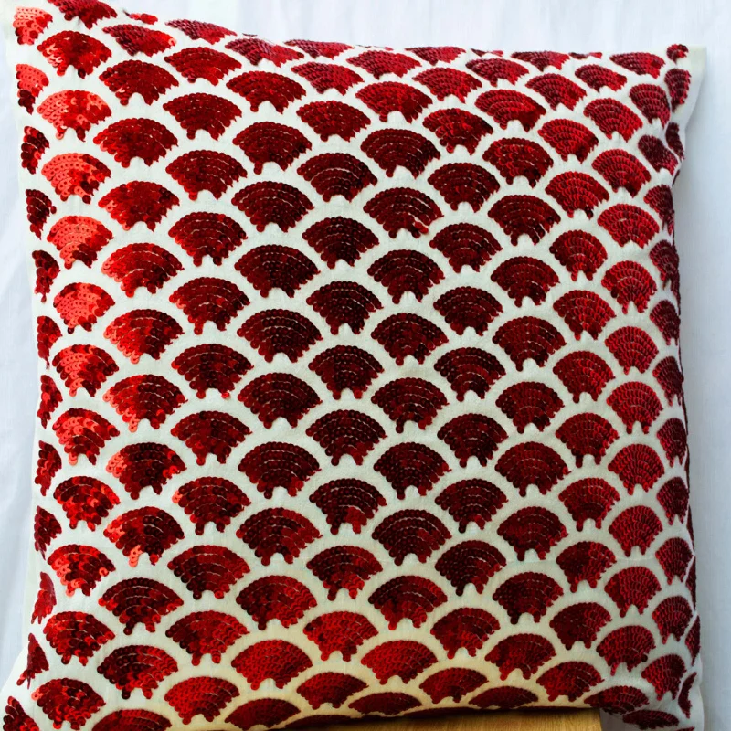 Red pillows with embroidered waves - Sashiko pillow - Red Cushion cover zipper -Throw pillow - gift pillow- 16x16 - Red sequin pillows