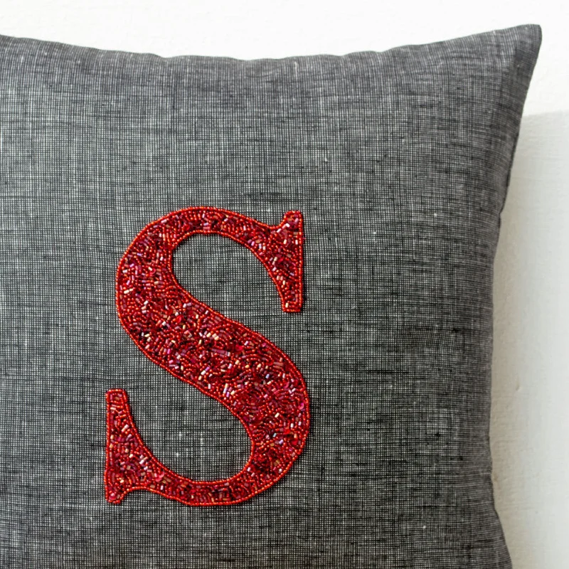 Grey pillow -Monogram Pillow cover-Personalized throw pillow -Gold sequin cushion -Premium Linen pillow -16X16 cushion -gift- Initial pillow