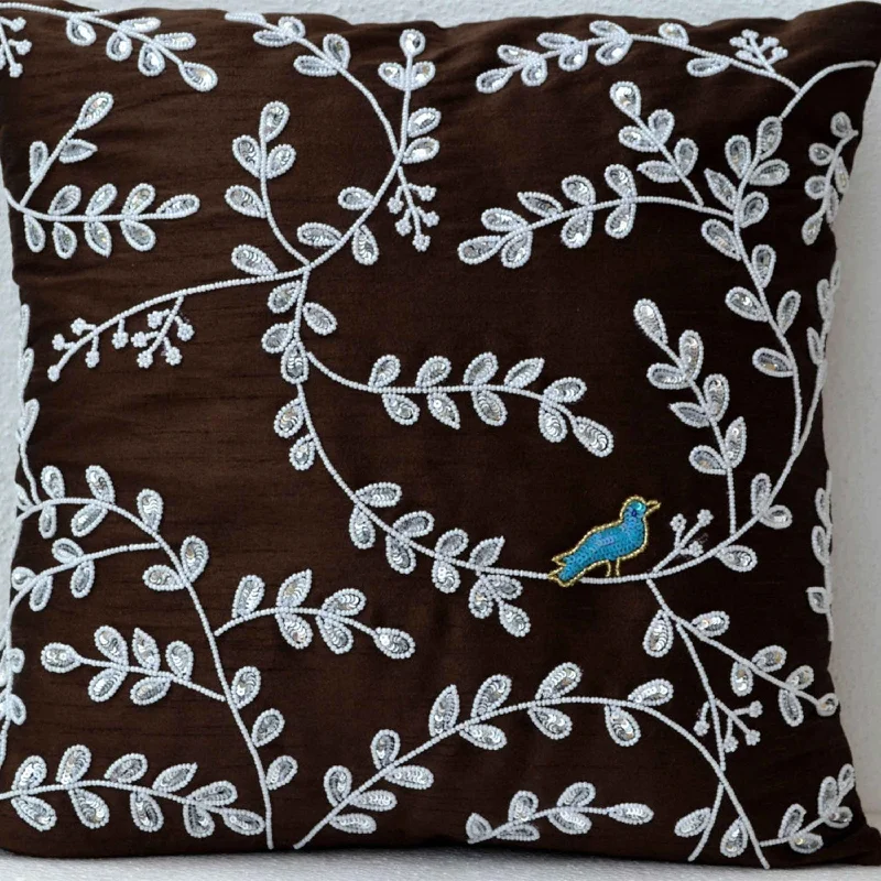 Solitarty Bird Cushion On Brown Accent Toss Pillow With White Beads Leaf and Turquoise Bird