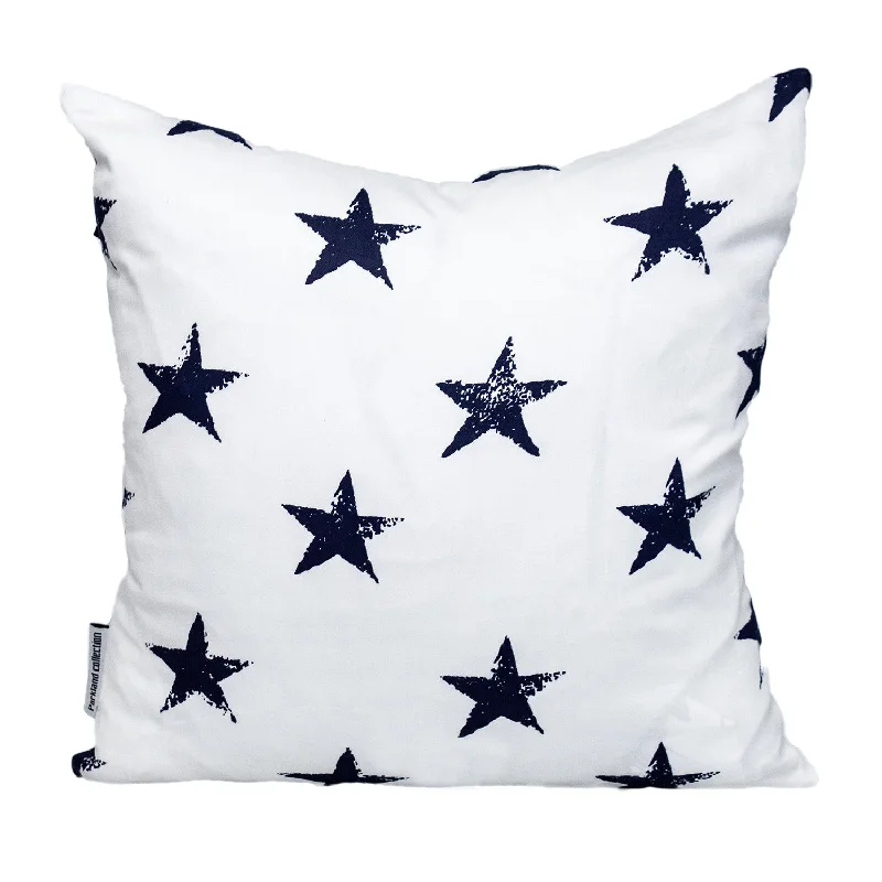 16" White and Blue Star Cotton Throw Pillow