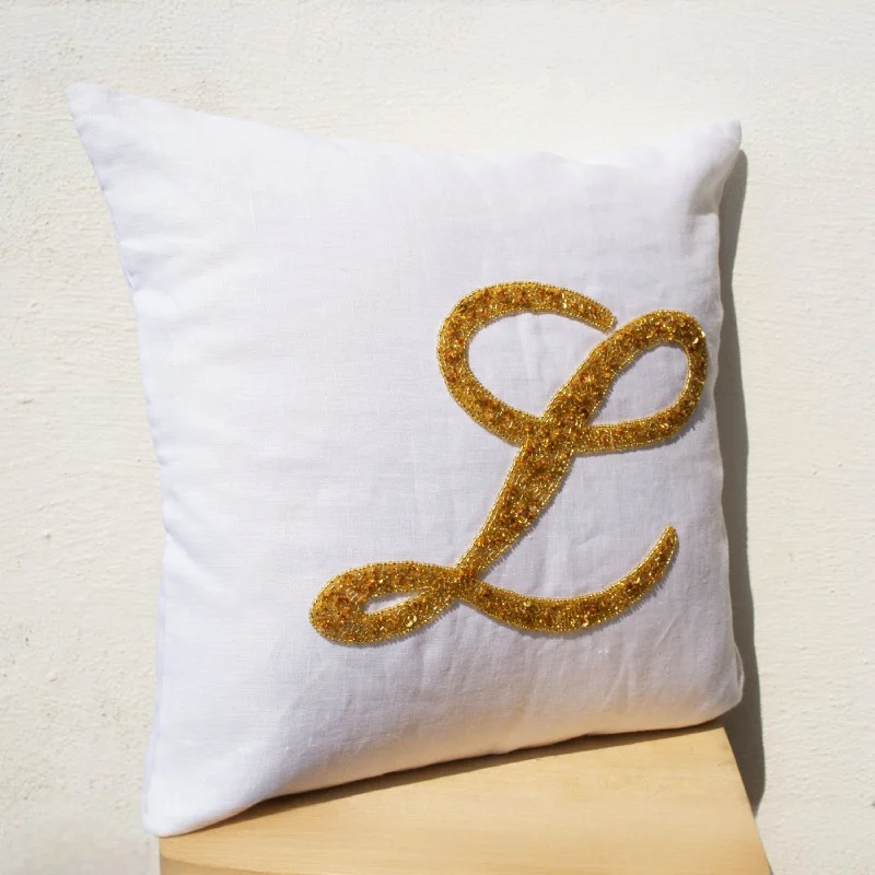 Custom Monogram Sequin Throw Pillow Cover On Linen