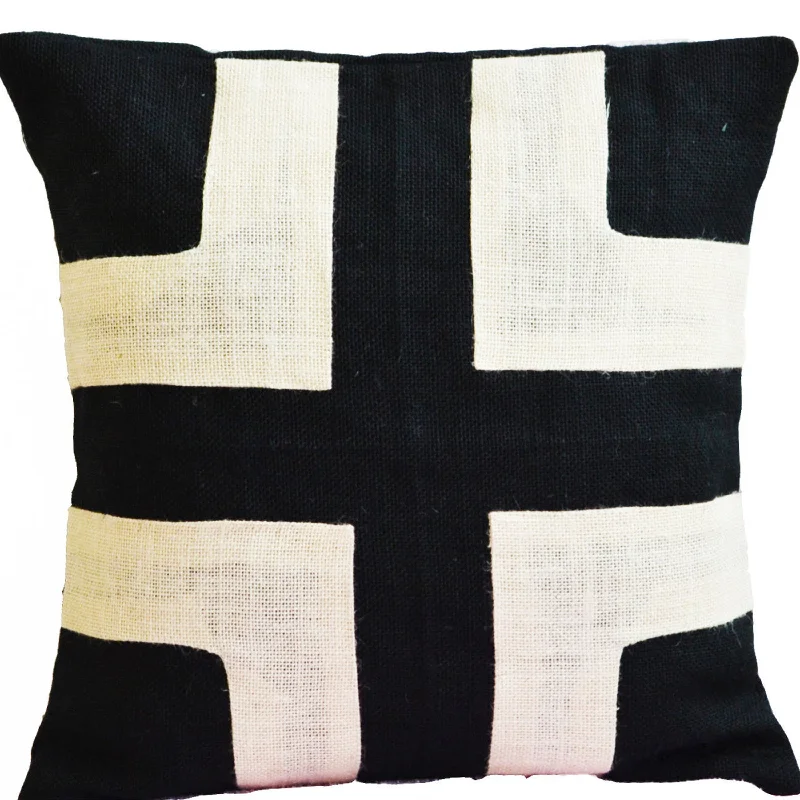 Black Ivory Geometric Burlap Pillow Cover