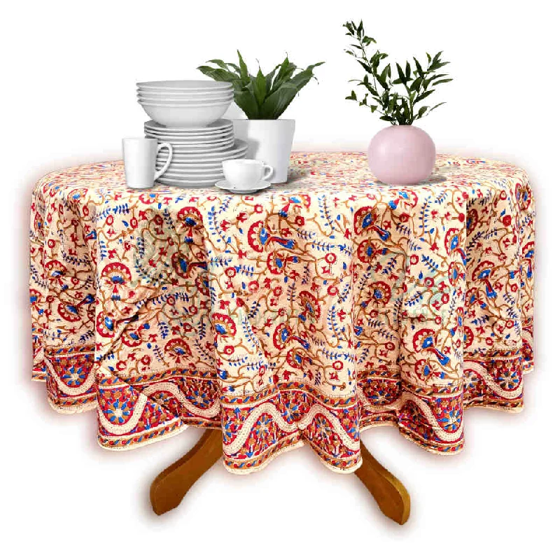 Block Print Tablecloth Round, Floral Vine Print in Blue, Gold, Red, Beige