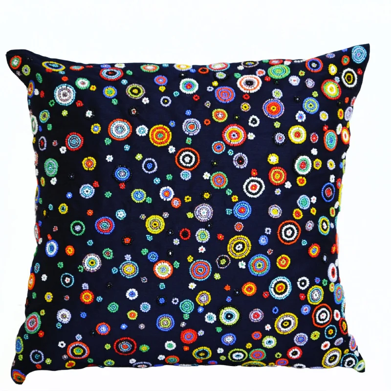 Rapsody of Circles Navy Blue Throw Pillow With Red, Yellow, Blue, Green, Orange Beads Geometric Cushion Cover